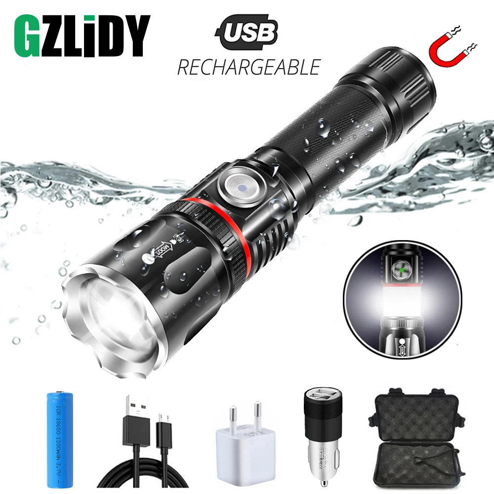 

USB Rechargeable LED Flashlight Surround COB Tactical Torch Tail Magnet Design Work Light Waterproof Zoom 4 Mode Camping Lantern
