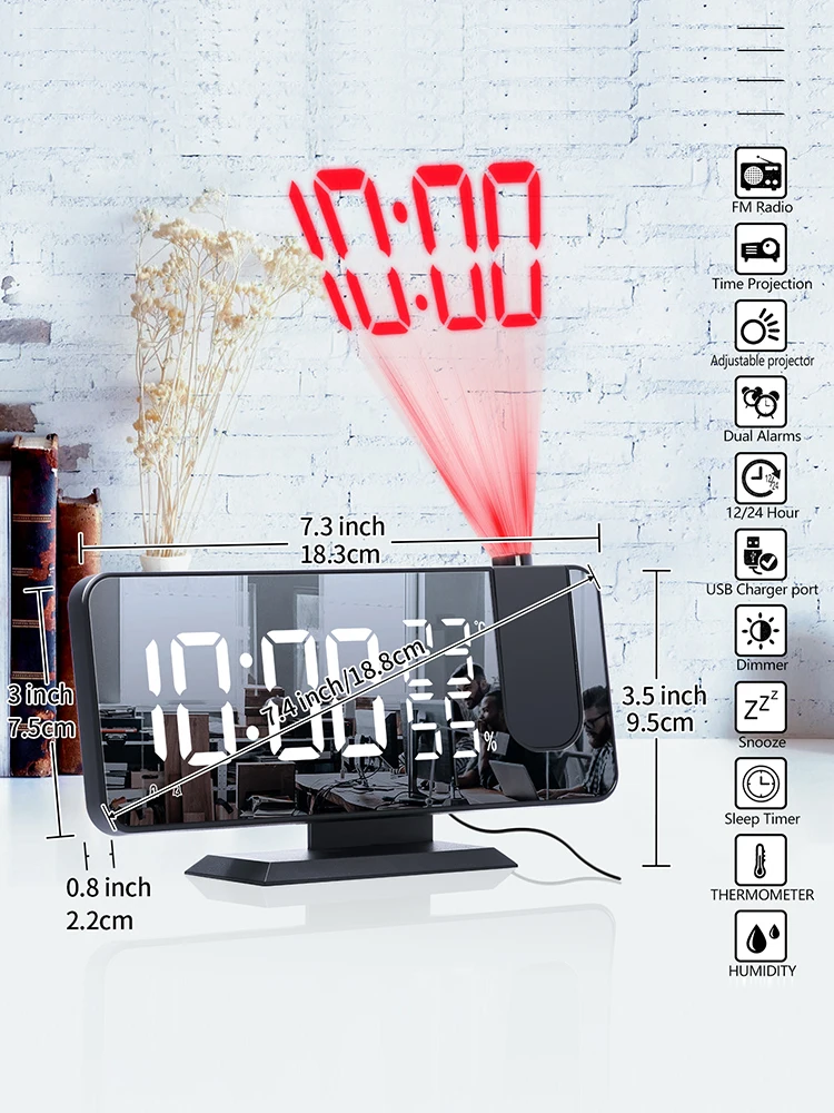 

LED Digital Alarm Clock Watch Table Electronic Desktop Clocks USB Wake Up FM Radio Time Projector Snooze Function 2 Alarm