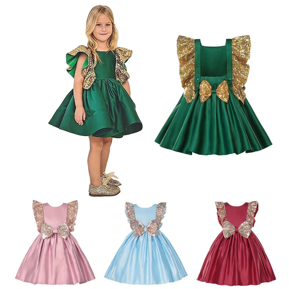 

Girl Princess Party Dress Sequin Bowknot Ruffle Baby Kids Brithday Dress Toddler Wedding Backless Clothing