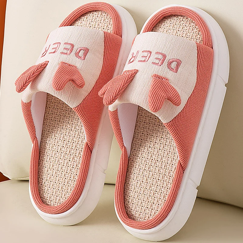 

Woman Indoor Floor Slippers Spring Autumn Linen Flip Flops Cute Home Bedroom Slipper Female Ear Comfortable Zapatillas de hombre