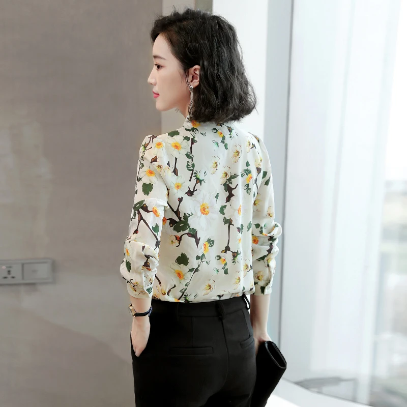 100% Real Silk Blouse Womens Tops and Blouses Elegant Print Clothes Long Sleeve Shirts Spring Autumn Shirt LWL1569
