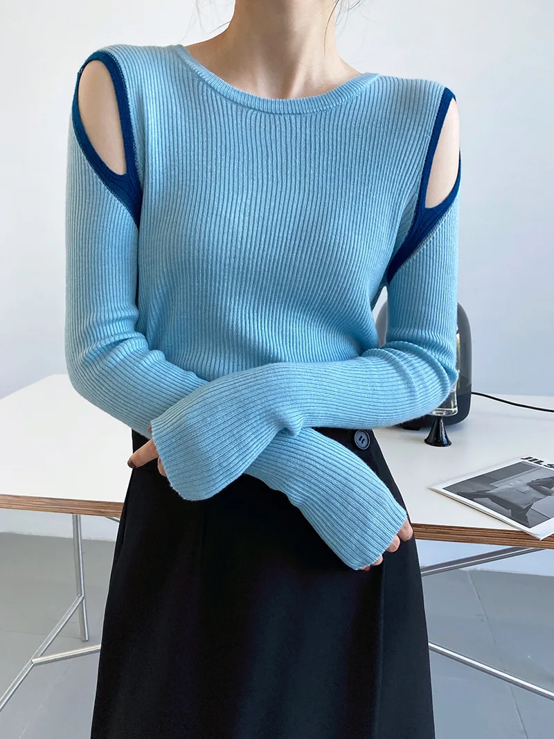 

Hollow Out Design Kintting Long Sleeve Sweater Women Vintage Streetwear O Neck Patchwork Pullover Female Kintted Top