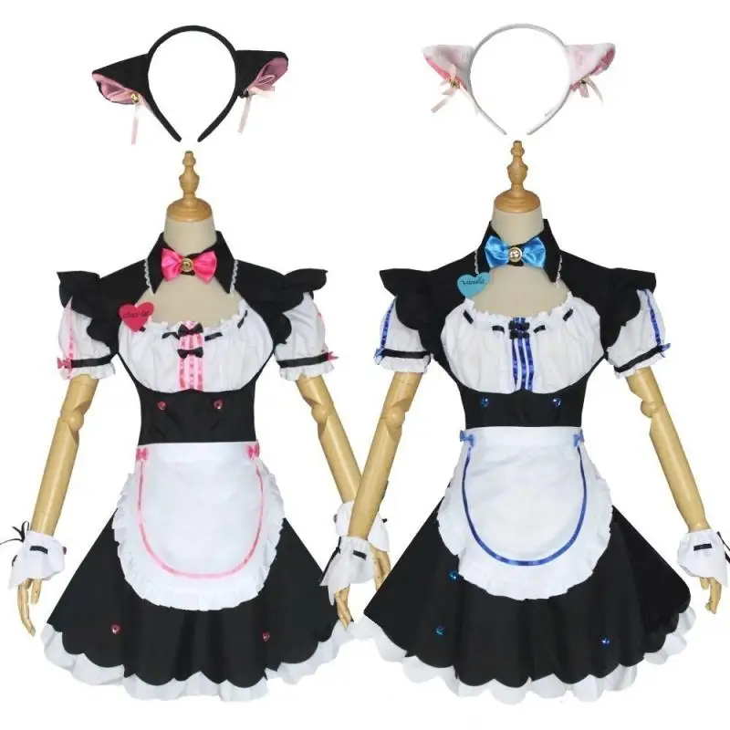 

Chocolate Vanilla Cosplay Costumes Maidservant Cos Dresses Apron Cat Ears Accessories 10Pcs Set Girl Black White Lolita Dress
