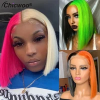 Lace Front Human Hair Wigs Brazilian Hair Half Orange Short Bob Wig Transparent Lace Front Wig Human hair Green Pink Grey wig