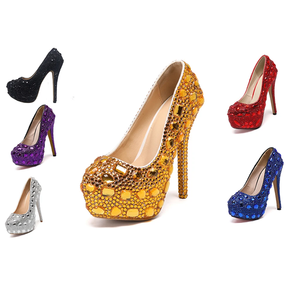 

New 14cm crystal shoes Cinderella women's high heels banquet dress water pump round head silver water drill wedding 34-43