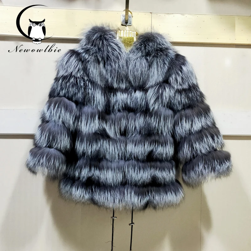 Genuine Fox Jacket Real natural raccoon Silver Fox Fur Hoodie Jacket winter warm women's clothing length 60 cm