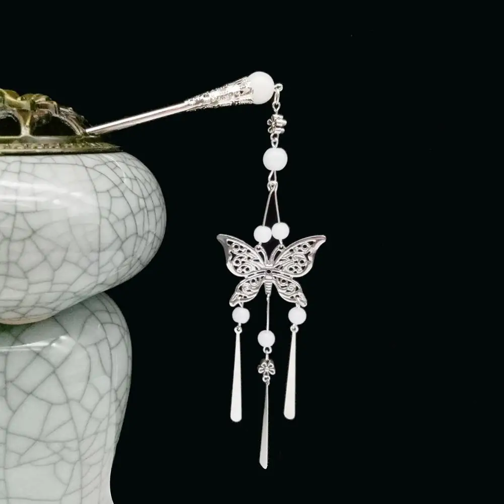 Style2 White Винтажные Серебряные Китайские Этнические палочки для волос с бабочкой и подвеской в виде цветка для женщин, свадебные украшения для волос, аксессуары для свадебной вечеринки - Окраска металла: Style2 White