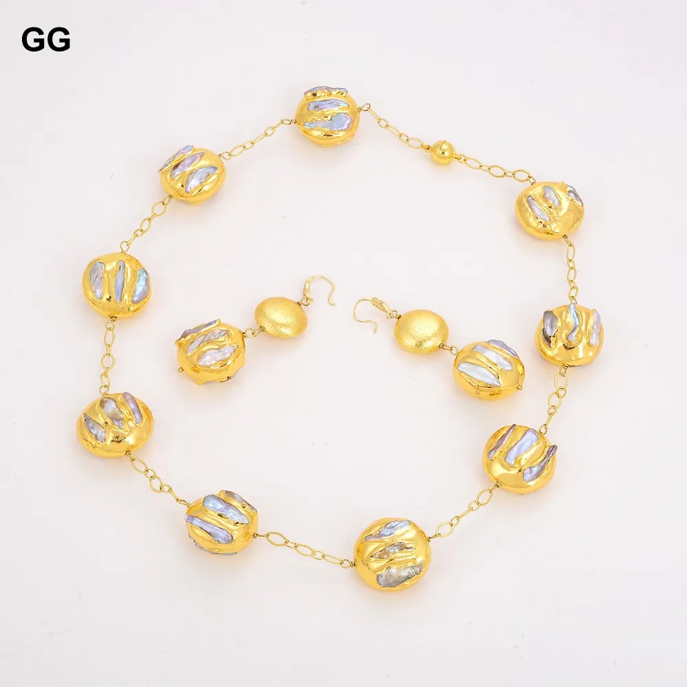 

GuaiGuai Jewelry Natural Freshwater White Biwa Keshi Pearl Coin 24 KT Gold Color Plated Necklace Earrings Sets For Women