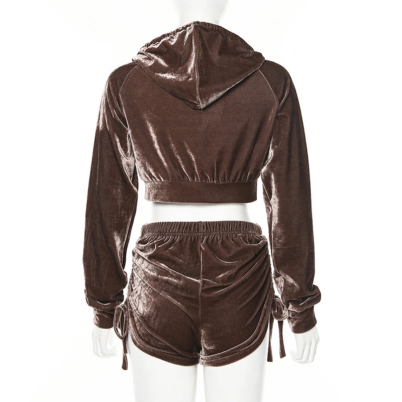 Бархатный спортивный костюм укороченная куртка с капюшоном пальто и шорты