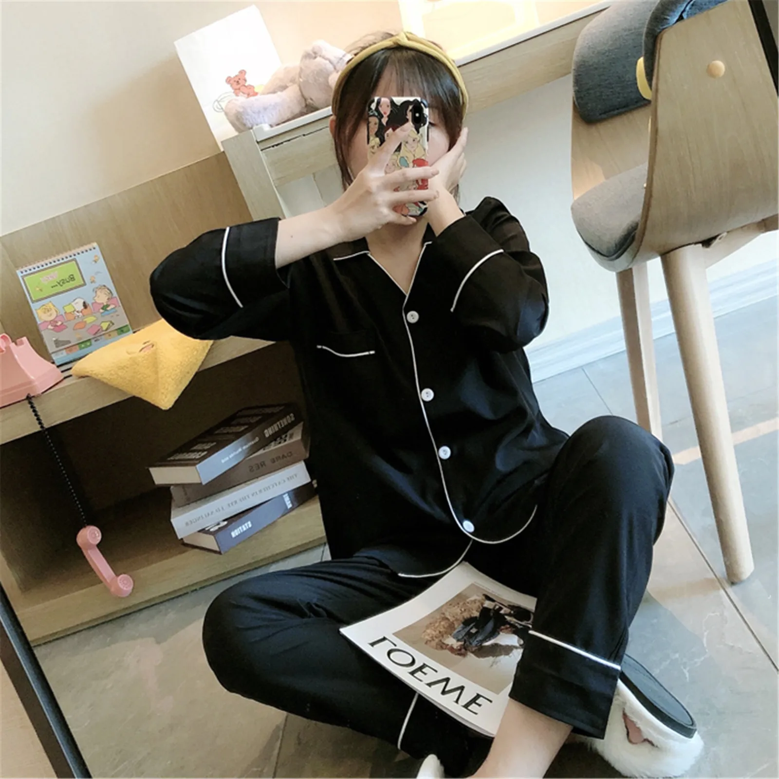Foply Women Pajamas Pj Set Fashion White Shirts Pants Sets Elegant Homewear Turn-down Collar Long Sleeve Sleepwear Spring Autumn