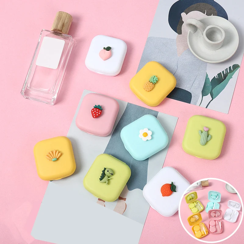

Contact Lens Container Cartoon Cute Fruit Mini Contact Lens Cases Lens Tweezers Women Girl Travel Kit Contact Lenses Case Box