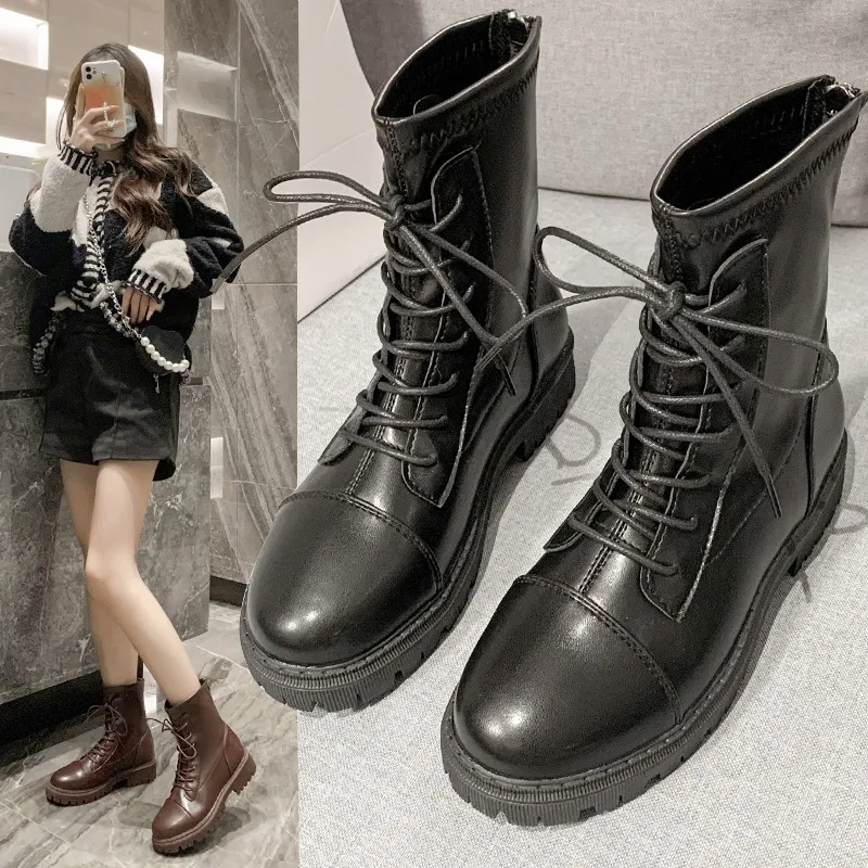 TGHDOF 2021 Leather Lace Up Zipper Knee High Boots Square Heel Autumn Winter Women Shoes Casual Round Toe Long Boots Size34-43