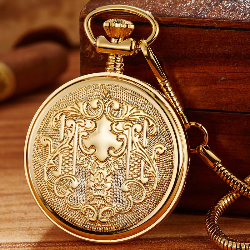 Luxury Golden Mechanical Pocket Watch Roman Numerals Dial High Quality Black Gold Fob Chain Luminous Clock for Men Dropshipping