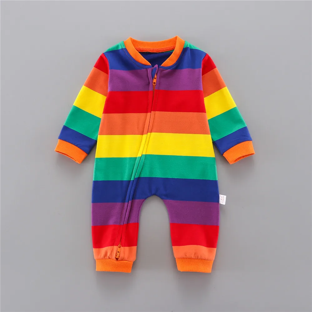 

0-24M Newborn Baby Boy Girl Long Sleeve Zipper Rainbow Striped Romper Jumpsuit Autumn Clothes