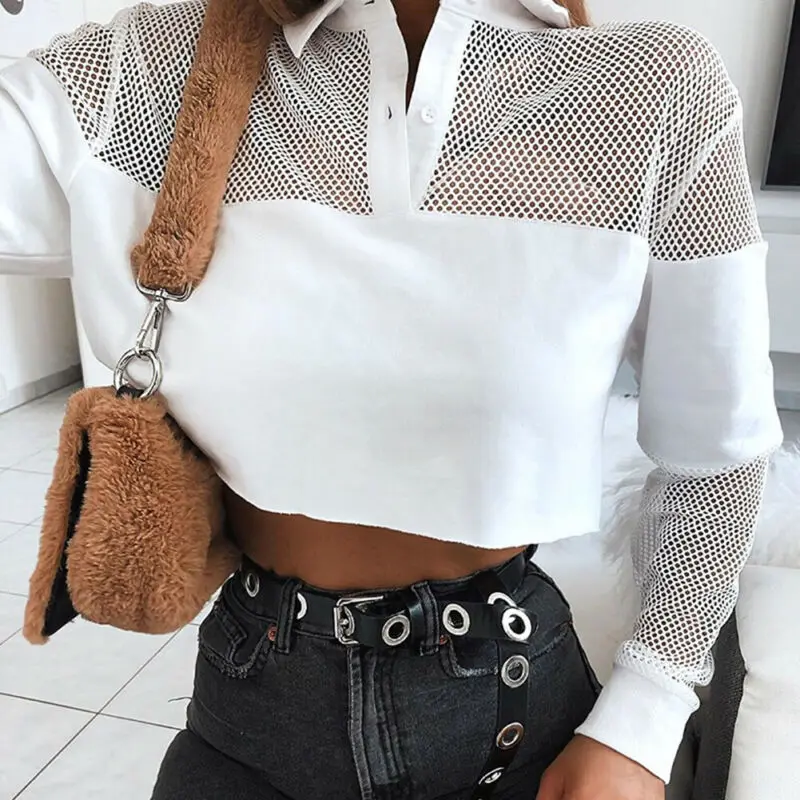 Women Sheer Mesh Crop Tops Transparent Exposed Navel Blouse Long Sleeve Clubwear | Женская одежда