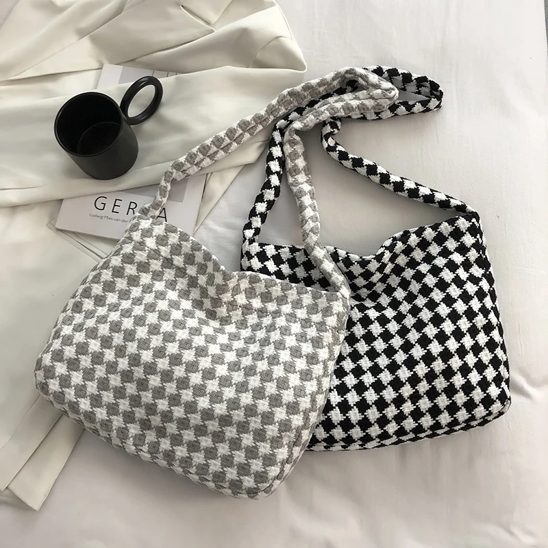

Large Capacity Shoulder Bag Winter Woolen Cloth Tote Bags Fashion Work Check Pattern Shopper Handbag For Female Crossbody Bags