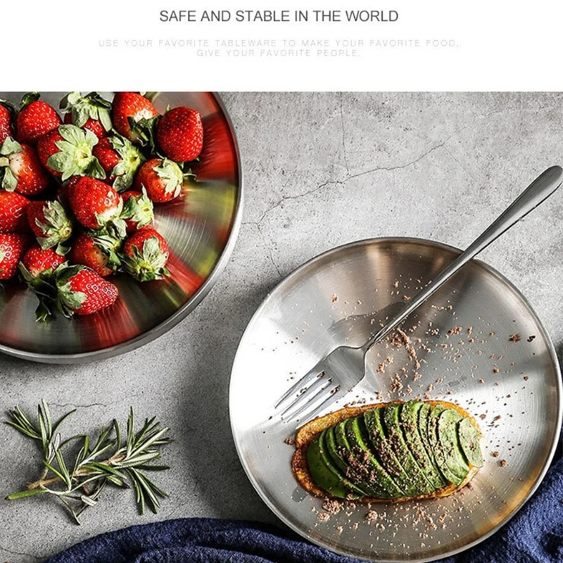 

F62A Stainless Steel Double Layer Round Dinner Plate Heat Insulation Dish Anti-scald Bowl Korean Seasoning Dish