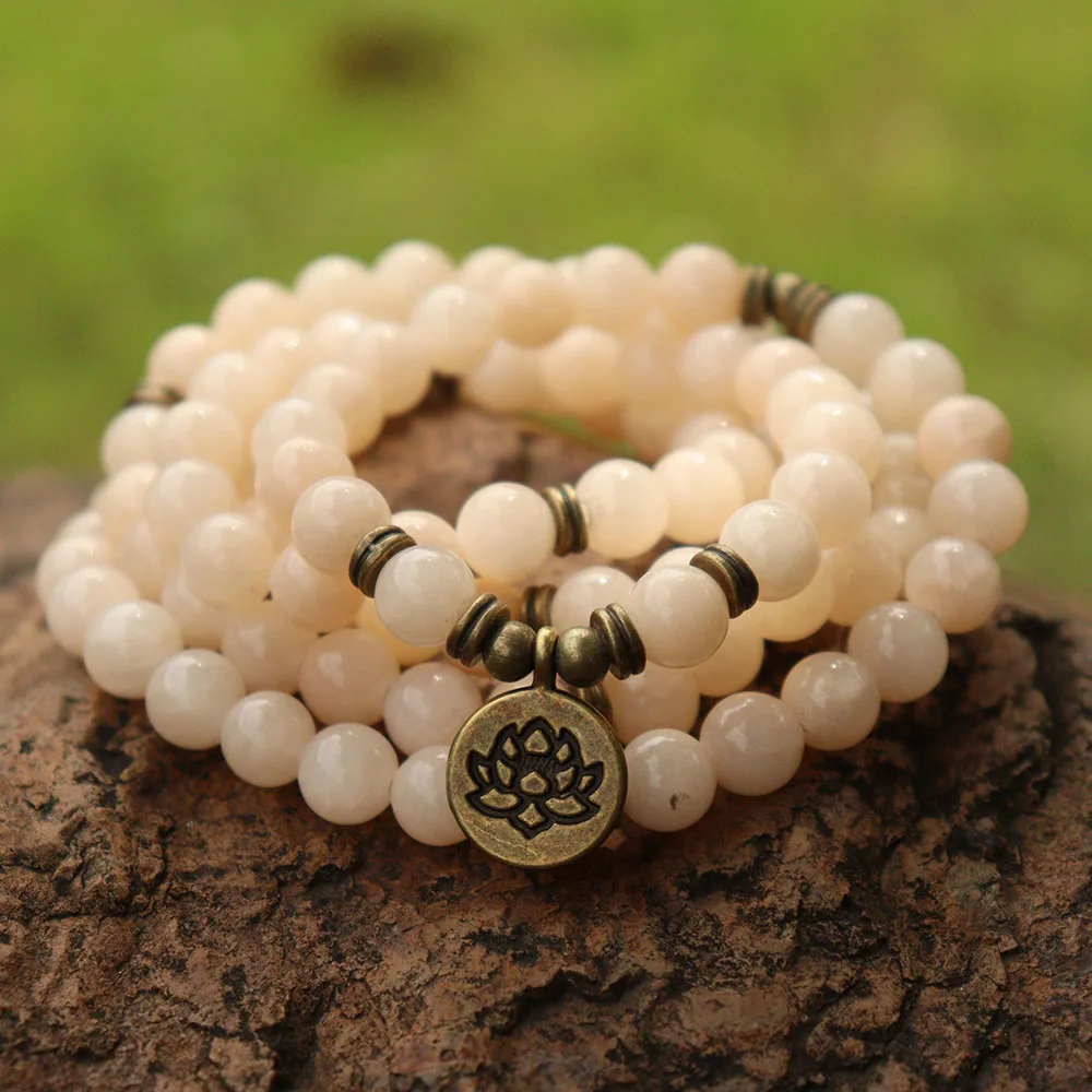 

108 Mala Beads, браслеты из натурального камня для йоги, бежевый браслет с чакрами и ожерелье, ювелирные изделия на удачу для женщин и мужчин