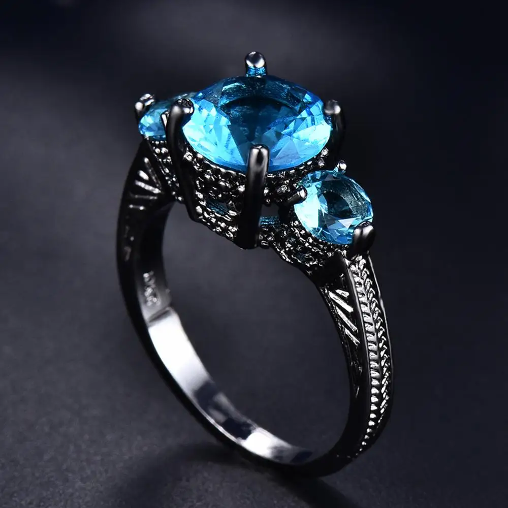 Blaike Three Aqua Blue Stone Cubic женские кольца на палец Vintage Black Gold Filled Свадебный ювелирные
