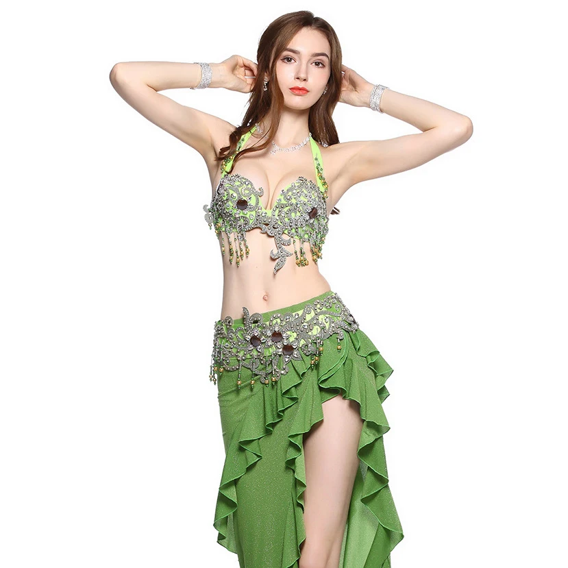 

Fluorescent Green Women Dance Wear Egyptian Belly Dance Clothes Oriental Dance Beaded Bra Belt Costume Set (Hard Cup)