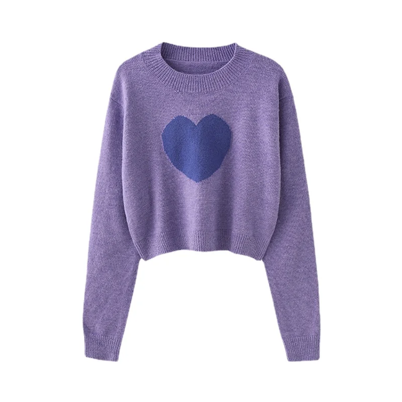 

2021 Fall Winter Candy Girly Sweater Purple Knitted Women Cute Crop Top Heart Patchwork Korean Loose Pullover Female Jumper