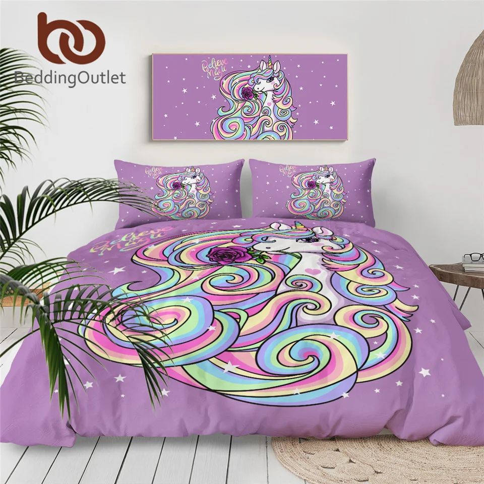 

Комплект постельного белья BeddingOutlet в виде единорога для девочки, мультяшное детское стеганое одеяло, фиолетовое цветочное домашнее текстильное белье с радужными звездами, постельное белье из 3 предметов