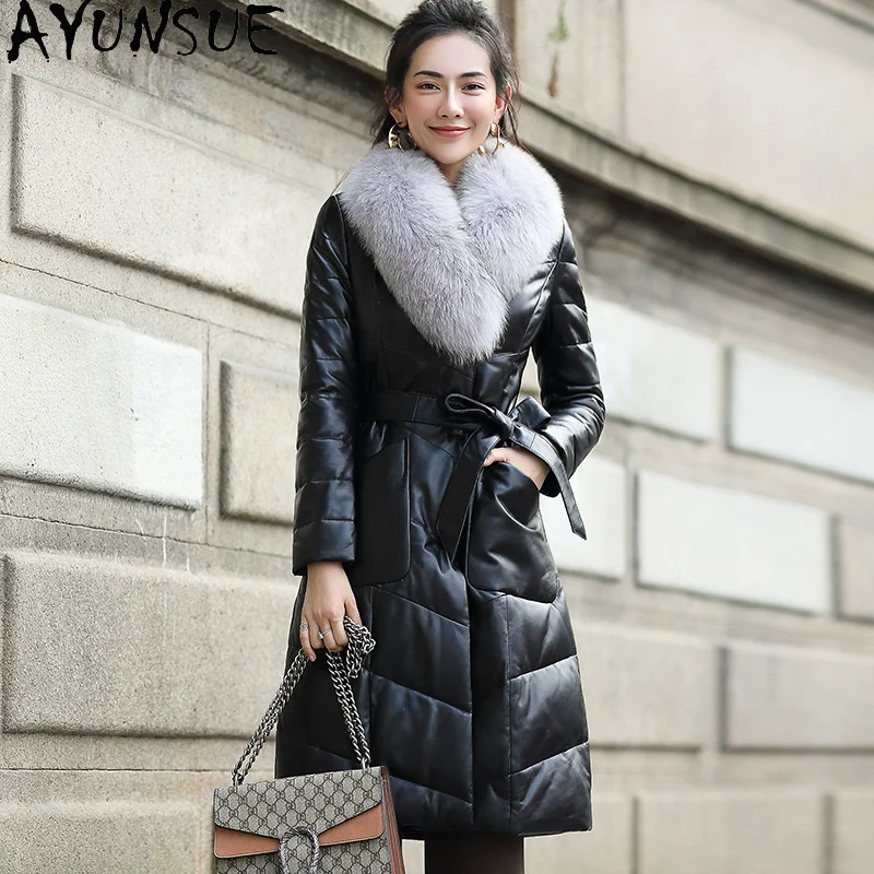 

Winter Leather Jacket Women 20% White Duck Down Coat Female Real Sheepskin Coats Fox Fur Collar Fashion Clothes LW9