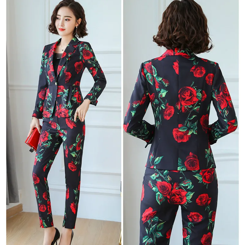 2021 модные брючные костюмы для женщин Цветочный принт элегантный деловой костюм