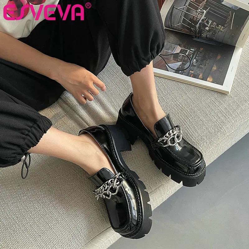 

ESVEVA 2021 Square High Heels Metal Chains Platform Square Toe Women Shoes Spring Autumn Patent Leather Female Pumps Size 34-40