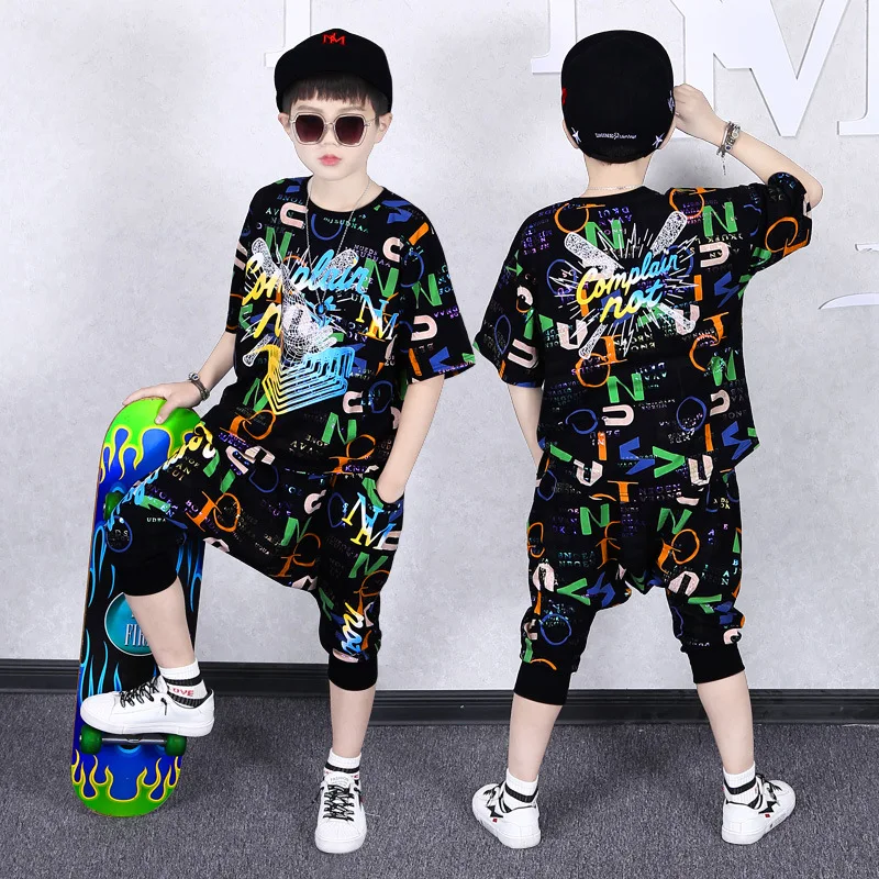 

Children Boy Clothing Sets Summer Letter T-shirt + Harem Pants 2pcs Sports Suit Kids Dancing Hip Hop Boys Clothes 3-14 Years