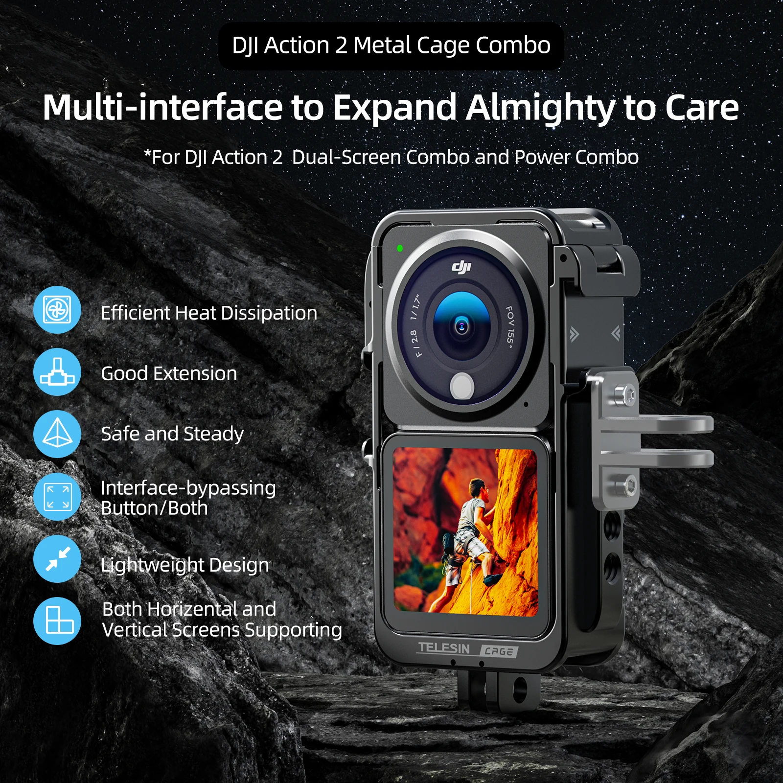 TELESIN Aluminium Alloy Frame Case With Multiple 1/4 '' Hole Cold Shoe Action Camera Adapter For DJI Action 2 Combo Accessories