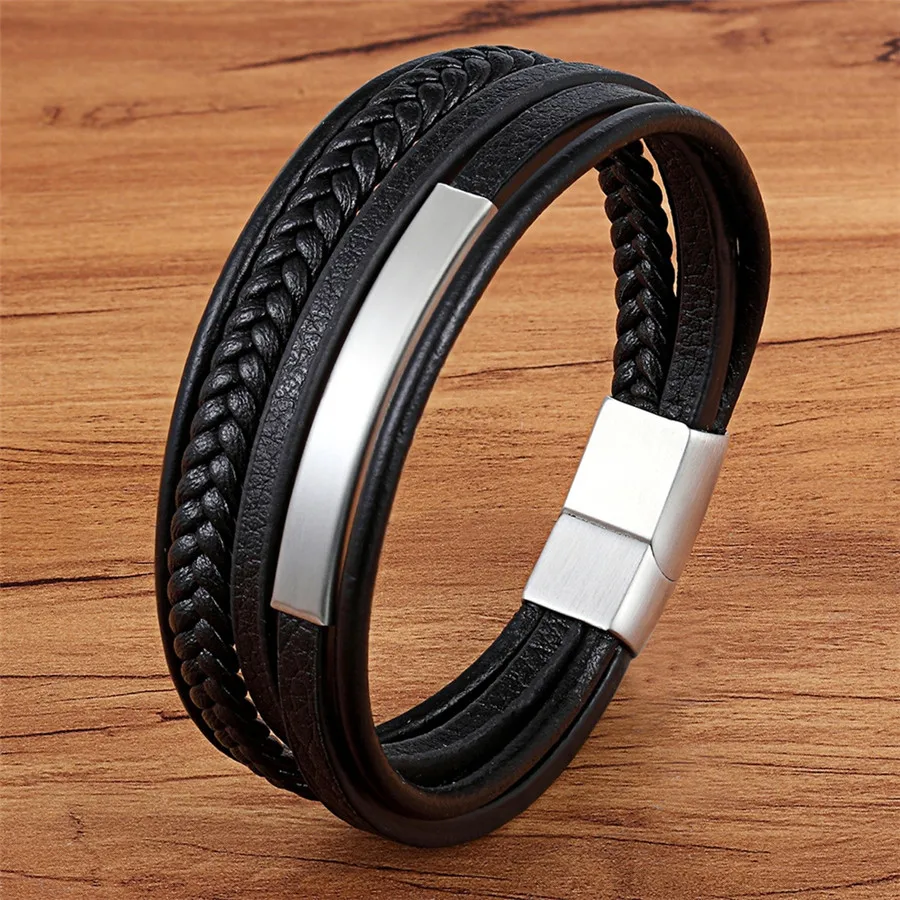 

XQNI Multi-layer Hand-woven Steel Black Men Leather Stainless Steel Bracelet DIY Size Carve Logo For Surprise Birthday Gift