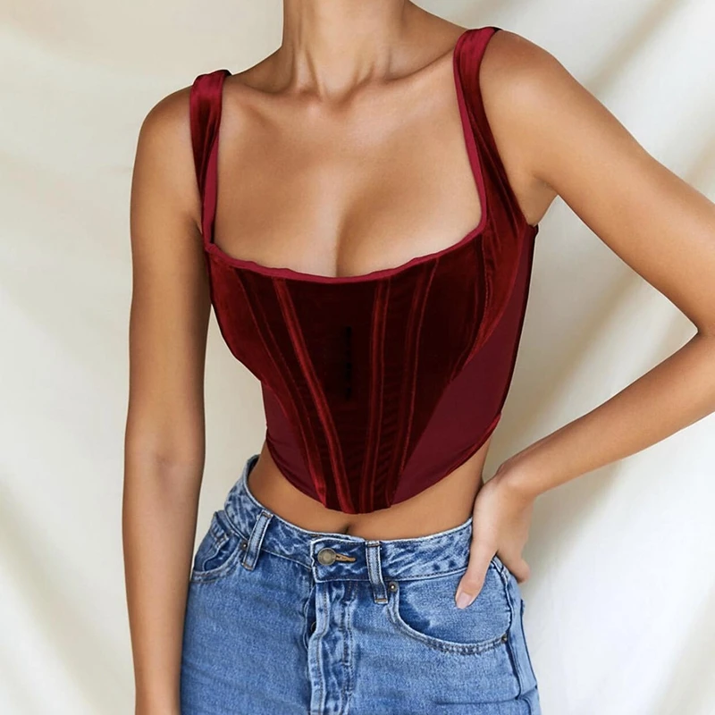 

STYLISH LADY Fishbone Velvet Tank Tops 2020 Autumn Women Spaghetti Strap Back Zipper Wine Red Club Party Vest Tops Tees