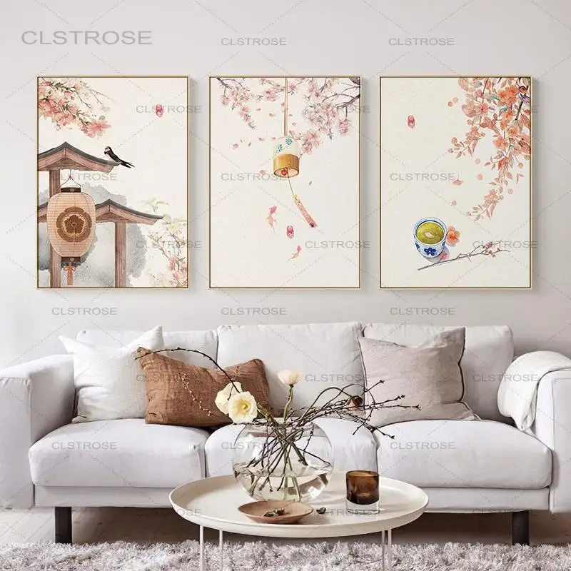 

Chinese Style Landscape Canvas Painting Flowers Trees Chimes Teacup Fan Posters Wall Art Pictures Home Decoration Living Room