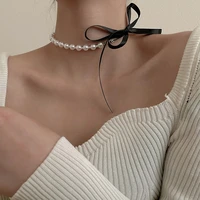 lace bowknot pearl choker necklaces for women girls trendy elegant temperament bowknot pearls strand necklace fashion jewelry