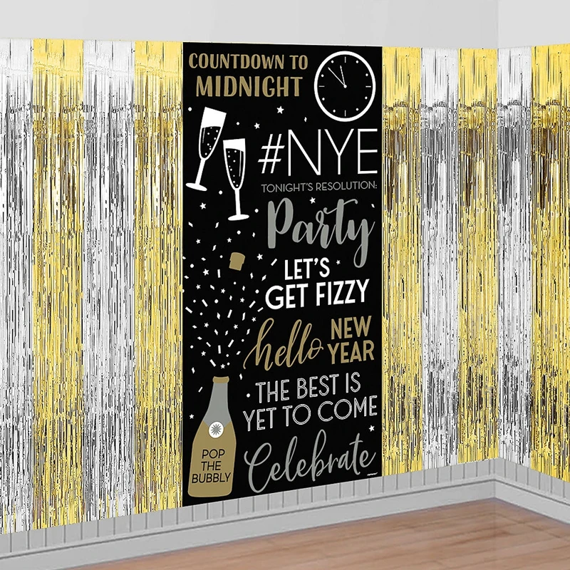 Cortinas de oropel con flecos metálicos  decoraciones de fondo para fiesta de Feliz Año Nuevo 2023