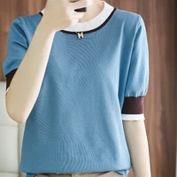 2022 womens round neck contrast color new knitted t shirt comfortable soft skin friendly simple fashion breathable loose vest