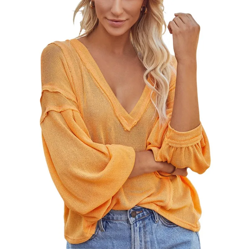 

Women'S Autumn New Style Cotton Solid Color Loose Pocket V-Neck Sweater Casual Lantern Sleeve T-shirt