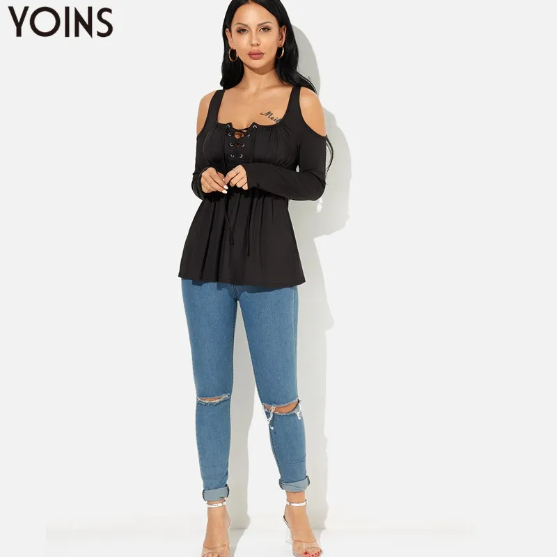 YOINS женские сексуальные блузки с открытыми плечами рубашки 2020 осень весна
