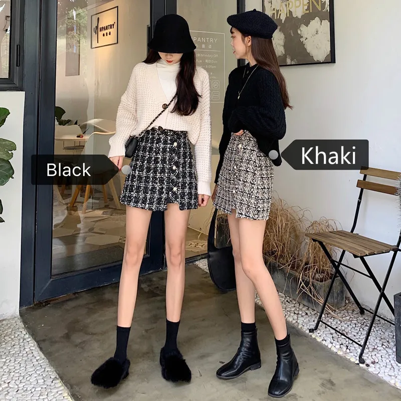 

Skirts Women Wool Plaid Buttons Slit A-line Anti-glare Luxury Elegant Office Ladies Bodycon Leisure Ulzzang Korean Mini Mujer