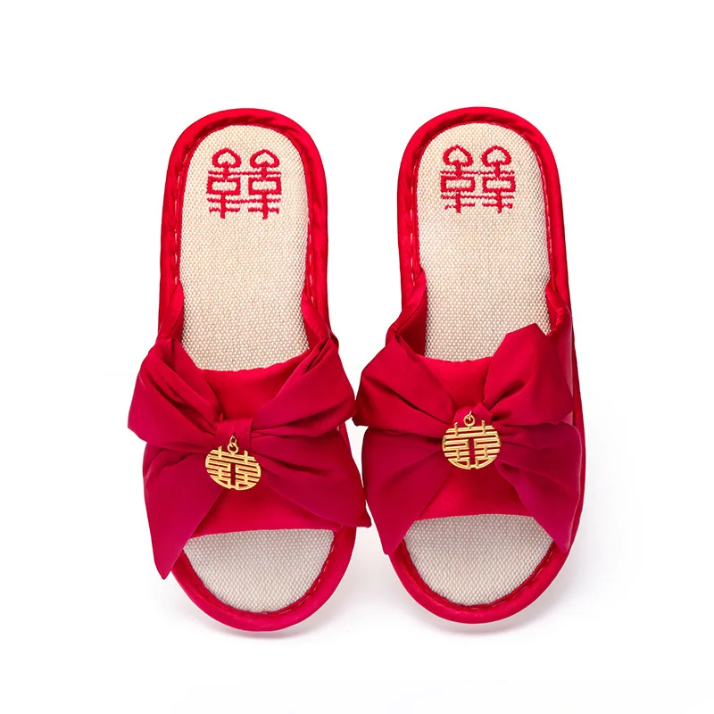 

2021 New Wedding Slippers Festive Red Summer Home Indoor Floor Wedding Couple Linen Slippers Female
