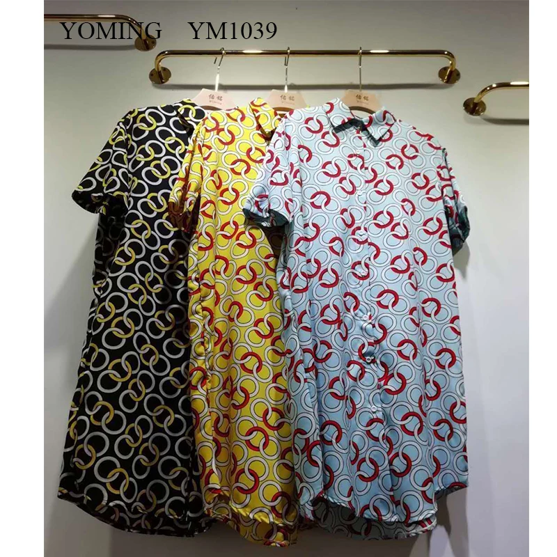 

YOMING YM1040 Fashion Plus Size Print Long Blouses Tops Turn-down Collar Short Sleeve Buttons Style Shirts Streetwear