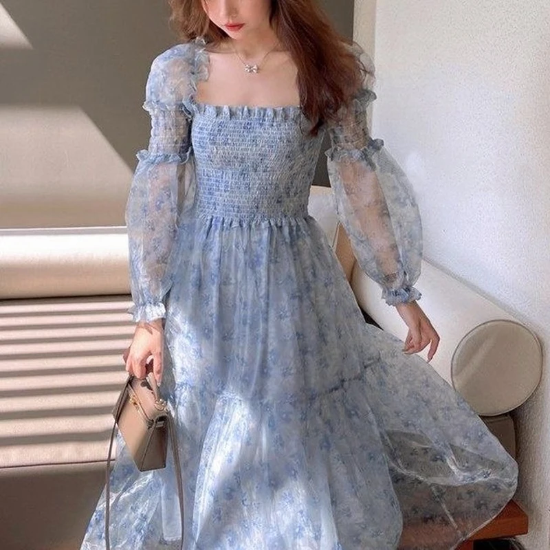 

2021 Summer Lace Elegant Midi Dress Women Puff Sleeve Square Collar Boho Beach Floral Dress Female Party One Piece Dress Korean