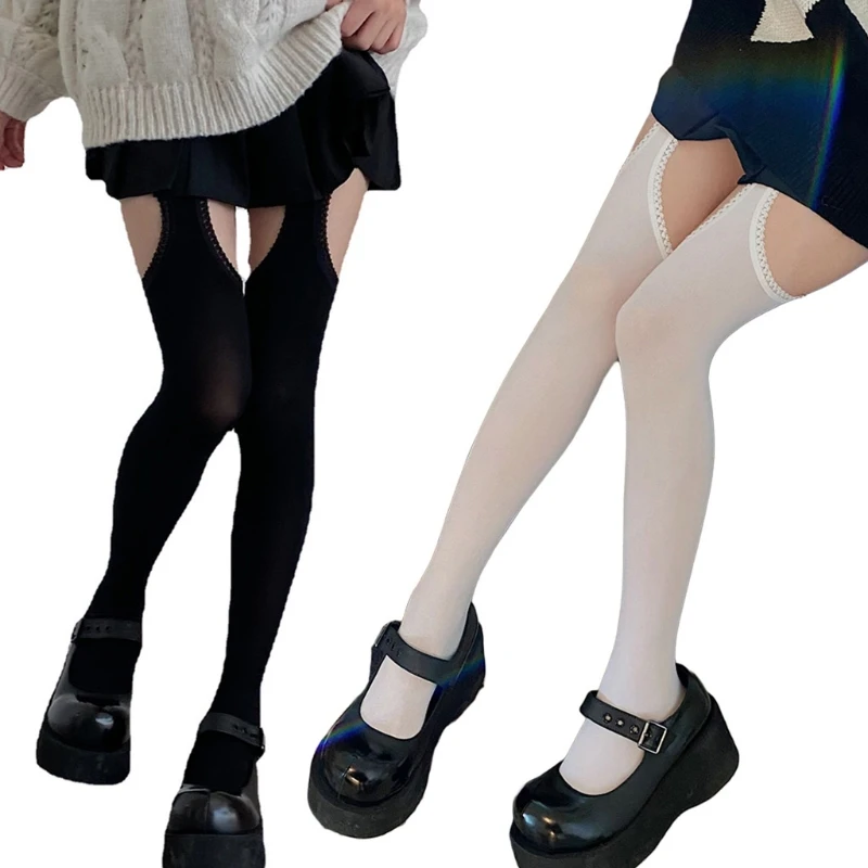 

Womens Sexy Side Cutout Holes Suspender Pantyhose Harajuku Kawaii Lolita Lace Trim Fake Garter Belt Stockings Gothic Tights L5YB
