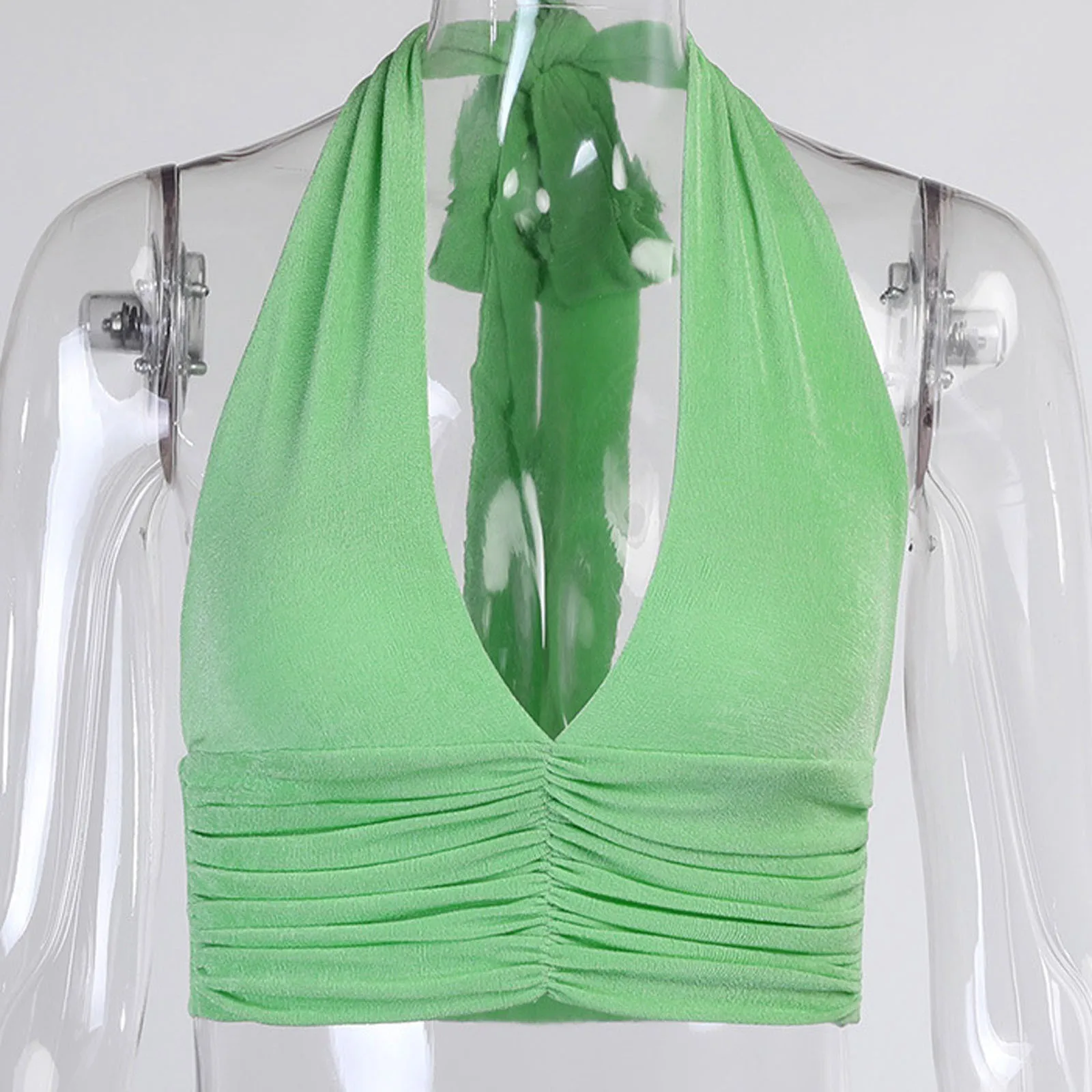 

Halter Lace Up V Neck Sleeveless Sexy Slim Solid Crop Top y2k Backless Skinny Pleated Fashion Tank Tops Women For Summer