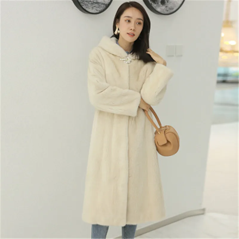 New imitation mink coat women's long section thick warm hooded fur loose large size high-end Solid color jacket 844 | Женская одежда