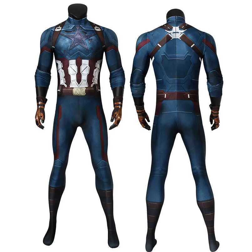 Adulto Super Herói Infinito Guerra Capitão Steven Rogers Batalha Macacão Cosplay Traje Halloween Masquerade Impressão Bodysuit