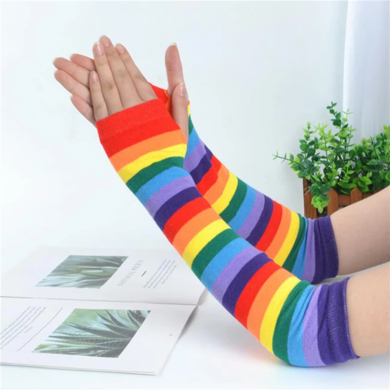 

Rainbow Color Long Warm Gloves 40CM Japanese Style New Slim Female Arm Sleeve Striped Knitting Sunscreen Spring Autumn Gloves