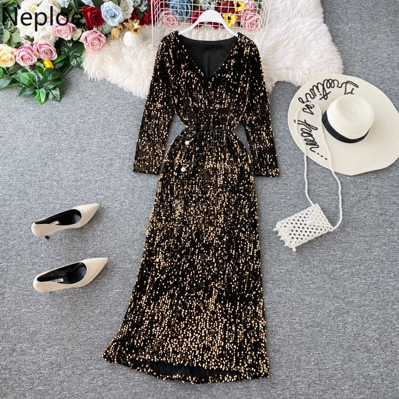 Элегантное Длинное Платье с v-образным вырезом и блестками ТРАПЕЦИЕВИДНОЕ ПЛАТЬЕ