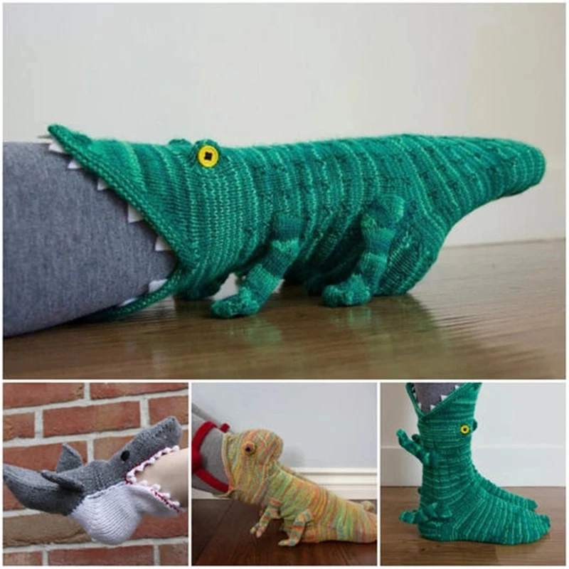 Funny Cute Cartoon Socks Women Shark Fish Chameleon Crocodile Knit Socks Men Winter Warm Floor Sock Christmas Gift